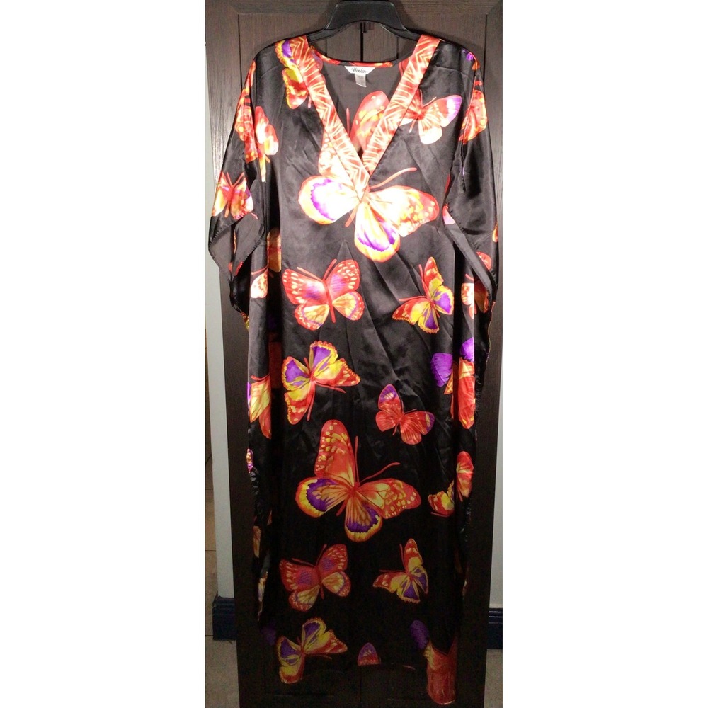 Winlar Butterfly Print Kaftan Lounger Black Satin V-Neck Kimono Maxi Robe OS